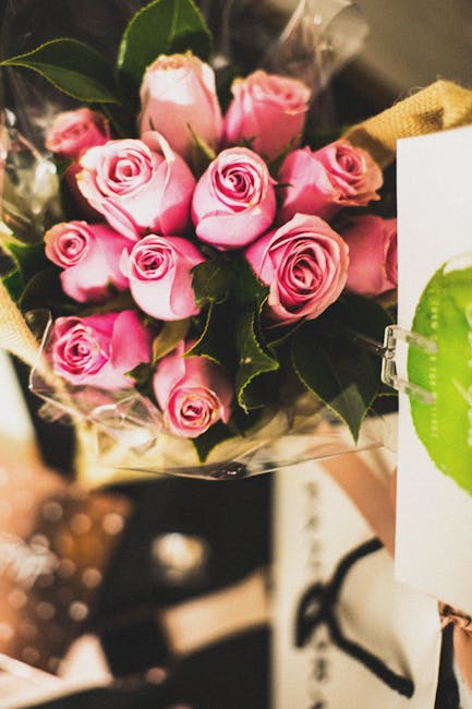 A bouquet of fresh pink roses with tightly curled petals and vibrant green holly leaves, wrapped in clear cellophane and a beige fabric ribbon. The roses are arranged in a compact, rounded cluster, re