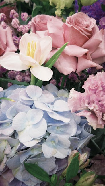 Close-up of a floral arrangement featuring soft pink roses with delicate, velvety petals, surrounded by white lilies with prominent yellow stamens, and light blue hydrangea clusters with rounded petal