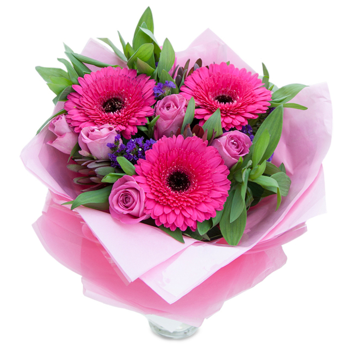 I see this arrangement as a graceful balance of bold colour and soft intimacy, captured on a stark white background so every hue reads clearly. Three fuchsia-pink Gerbera daisies stand at the centre, their broad, slightly glossy petals arranged in precise radiating rows around distinct dark centres that anchor the eye. Around them, roses in a subdued lavender-pink or dusty-rose hue open gently, their layered, velvety petals suggesting the fresh, tactile pleasure of newly cut blooms. Scattered throughout are clusters of tiny purple statice, introducing a delicate, almost wildflower-like texture that offsets the smoother forms of the gerberas and roses. The greenery - broad leaves that could be salal or eucalyptus - forms a verdant canopy that frames the composition and enhances the intensity of the pinks. The bouquet is thoughtfully wrapped: an inner sheet of soft, matte pale pink tissue cushions the flowers and an outer layer of translucent fuchsia cellophane, slightly crinkled, creates a subtle sheen and ties the presentation together; at the base the upper rim of a clear glass vase peeks out, signalling a ready-to-display gift. The fragrance is soft and pleasant - rose perfume with a hint of green freshness - and the overall feeling is warm, celebratory and gently luxurious. As a florist who arranges flowers for homes and offices around Mayfair, from Savile Row tailors to the shoppers near Burlington Arcade, I'd imagine this piece arriving as a thoughtful birthday offering, a tender anniversary surprise, or a brightening touch for a London sitting room.